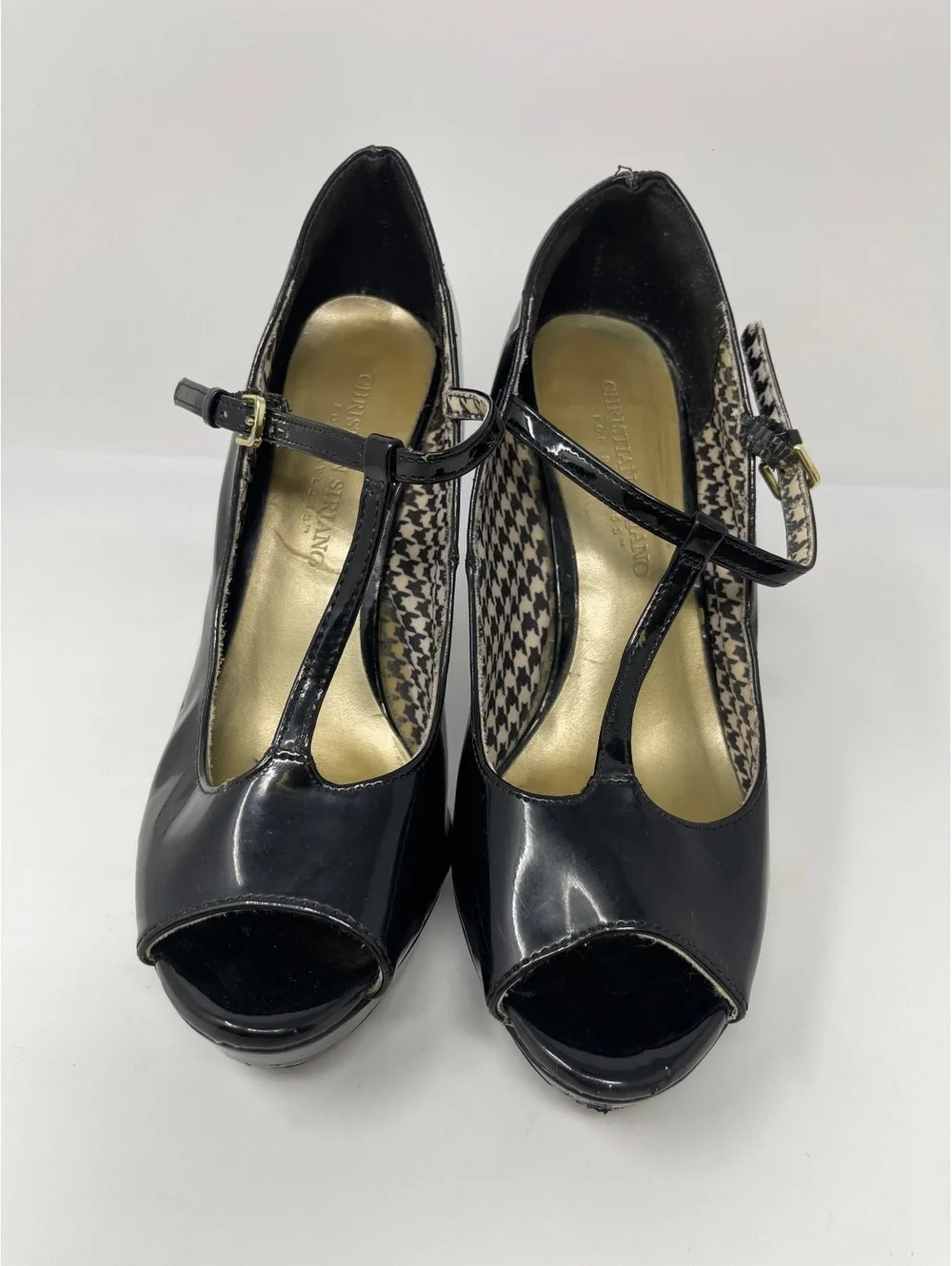 Christian Siriano Black Patent T-Strap Peep Toe Platform High Heels Pumps 6.5